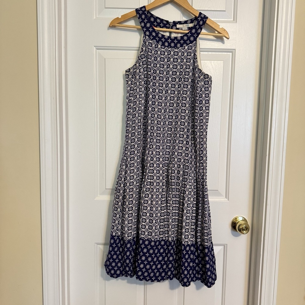 BODEN Womens Dress‎ Pleated Fit & Flare Sleeveless 6L Blue Ivory Geometric